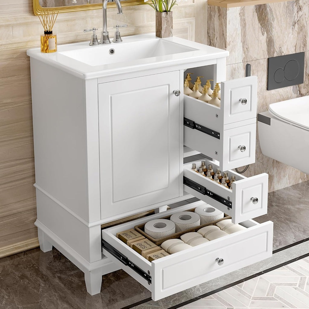Mirightone 24' Vanity with Sink, Small Bathroom Vanities 24 Inch with Sink, Single Sink Bathroom Vanity with Door Shelf and Three Drawers, Restroom Vanity with Sink Top (White)