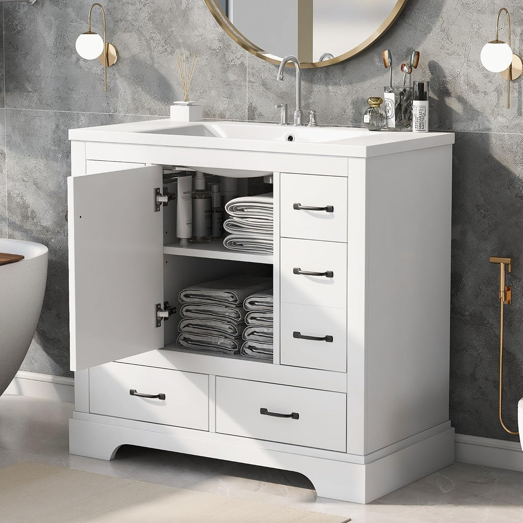 36' Bathroom Vanity with Sink, Harper & Bright Designs Free Standing Single Basin Vanity Set with 6 Drawers & One Cabinet with Adjustable Shelf, Bathroom Cabinet with Ceramic Basin for Bathroom, White