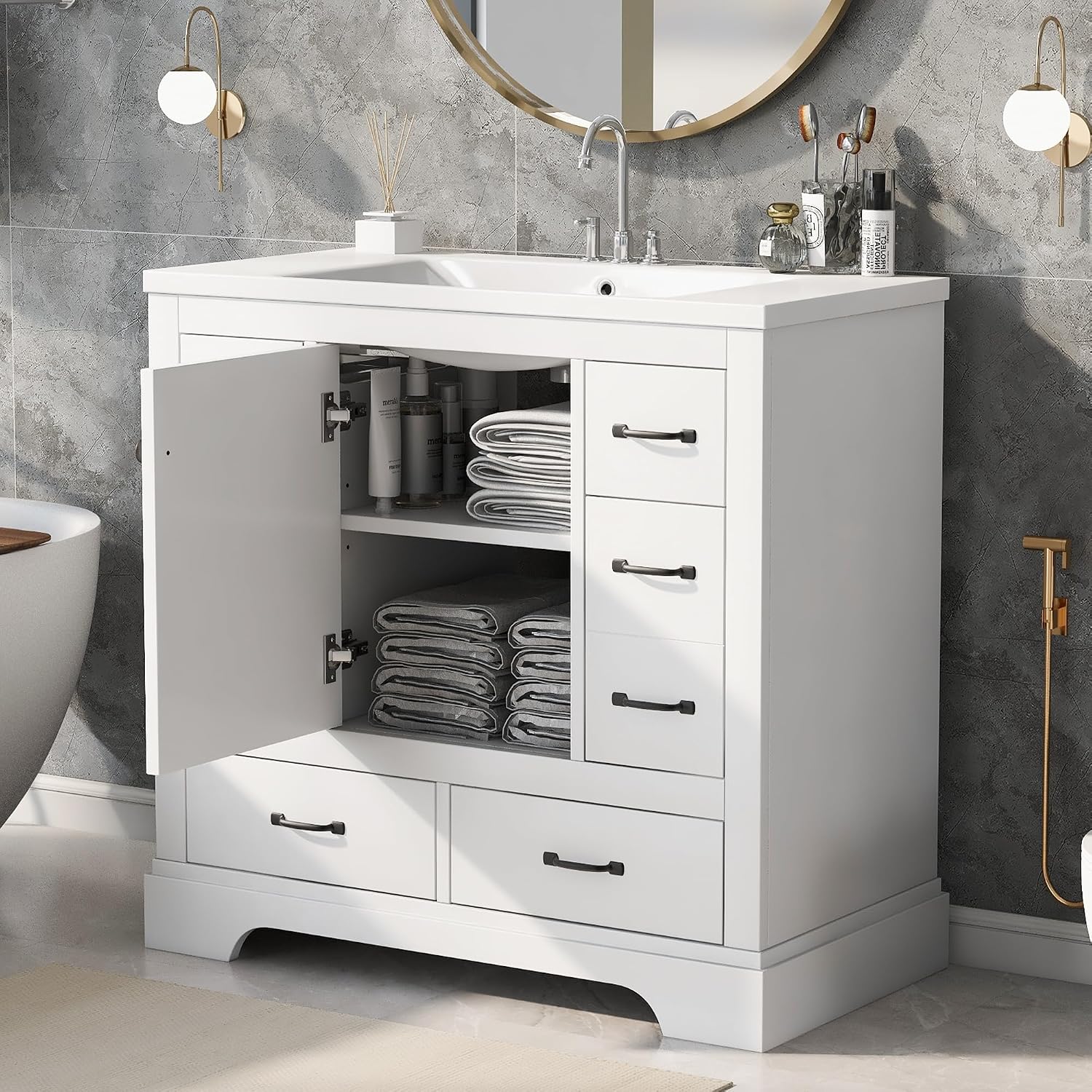 36' Bathroom Vanity with Sink, Harper & Bright Designs Free Standing Single Basin Vanity Set with 6 Drawers & One Cabinet with Adjustable Shelf, Bathroom Cabinet with Ceramic Basin for Bathroom, White