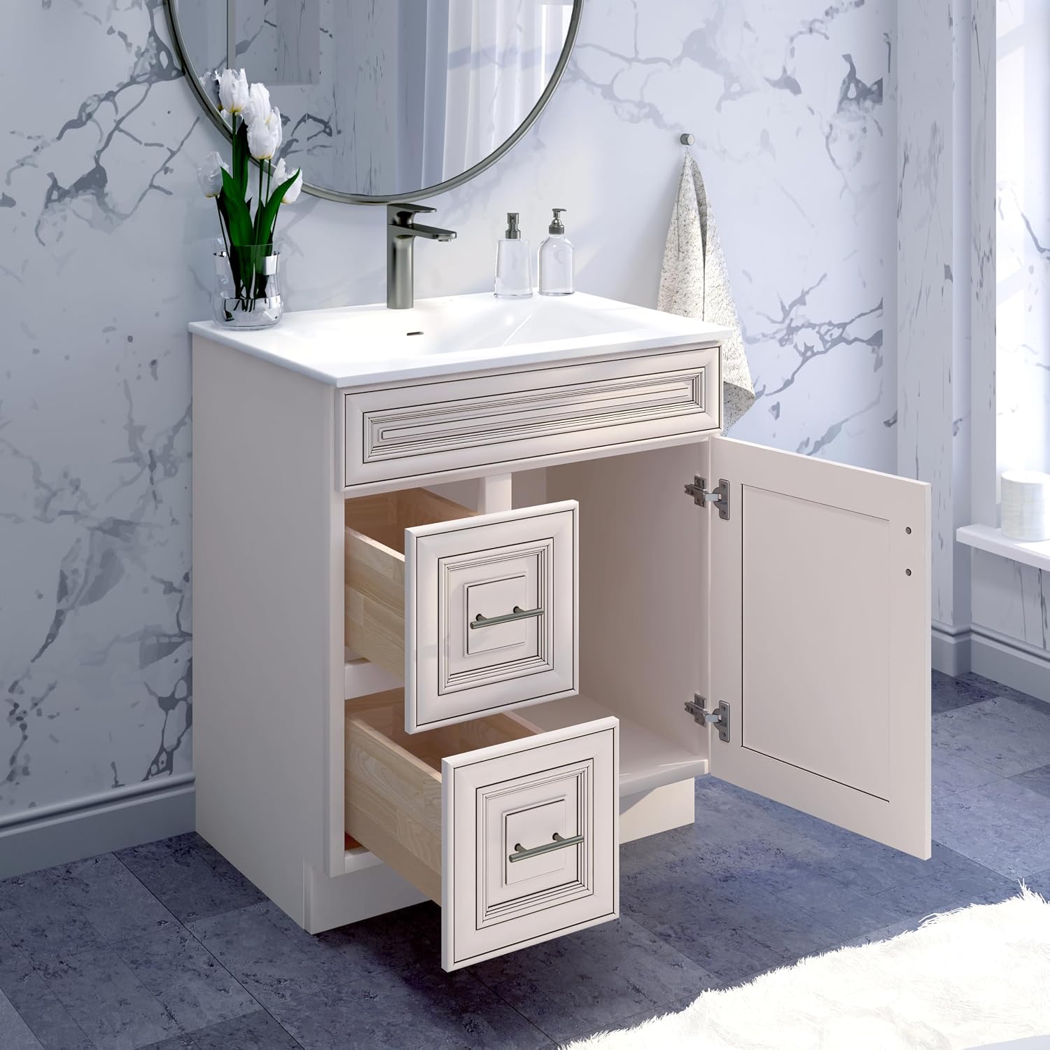 30' Shaker Bathroom Vanity Sink Base with Drawers (Ready-to-Assemble) (Antique White Vanity Base)