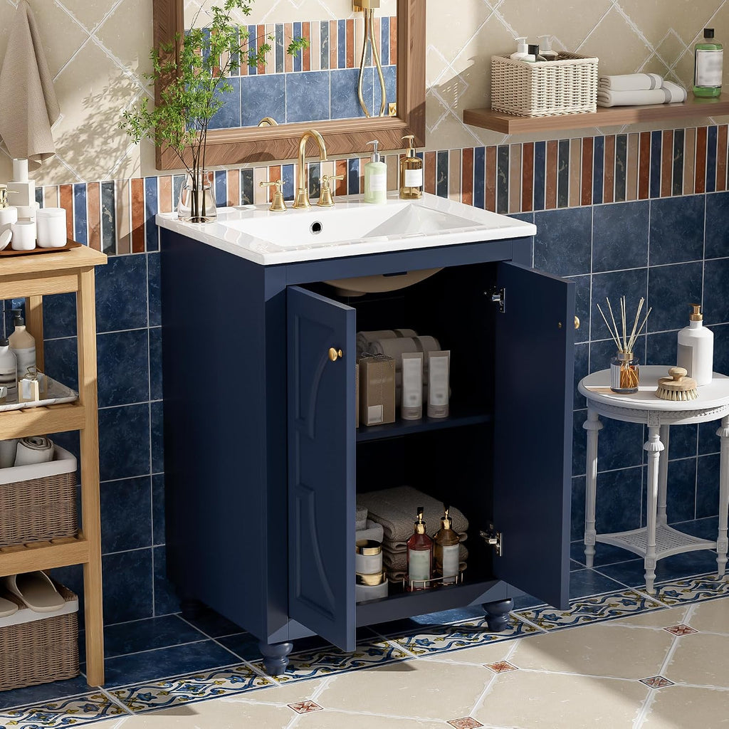 VilroCaz 24' Modern Bathroom Vanity with Ceramic Sink, Ornate Elliptical Motif Design & Soft-Close Hinges, Wood Bathroom Cabinet with Ball-Turned Legs, French Elegance (Blue-Ele)