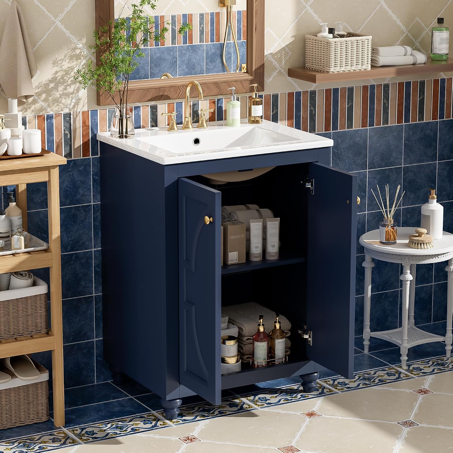 VilroCaz 24' Modern Bathroom Vanity with Ceramic Sink, Ornate Elliptical Motif Design & Soft-Close Hinges, Wood Bathroom Cabinet with Ball-Turned Legs, French Elegance (Blue-Ele)