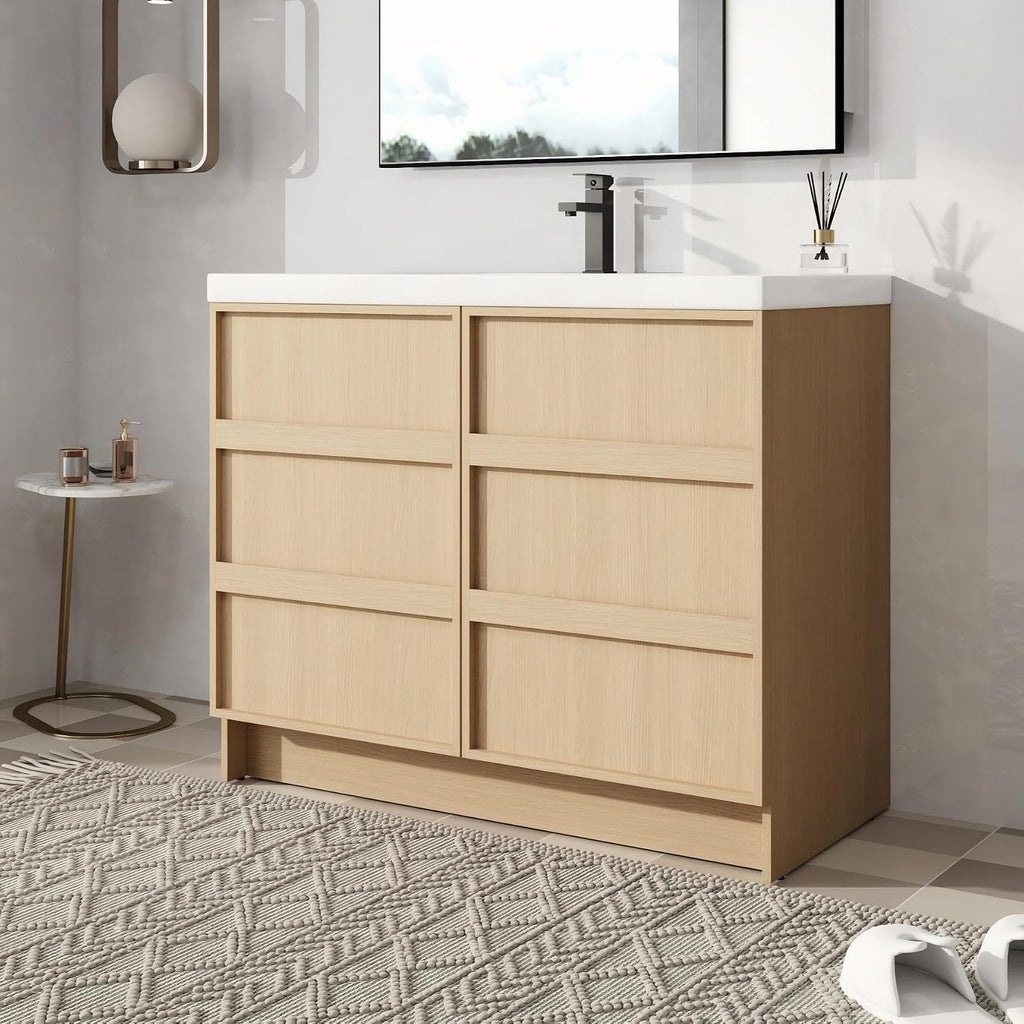 42' Bathroom Vanity with Sink, 42 Inch FreeStanding Vanity, Single Sink Floor Stand Vanity Combo, Modern Brown Bathroom Vanity Set with 2 Soft-Close Doors and Adjustable Shelf