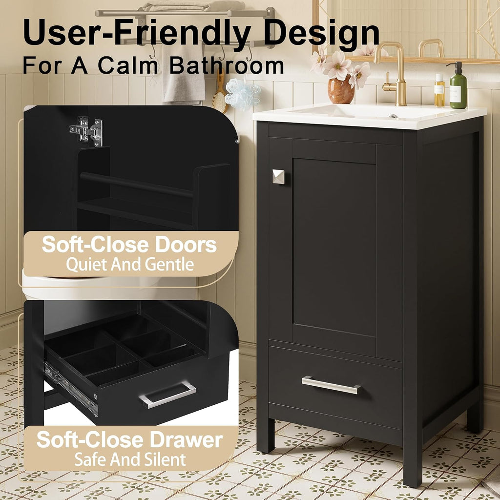 VilroCaz Modern 18'' Bathroom Vanity with Top Sink, Freestanding Bathroom Storage Cabinet with Door and Divider Drawer, Single Sink Cabinet with Adjustable Plastic Foot Pads (Black+1 Drawer)