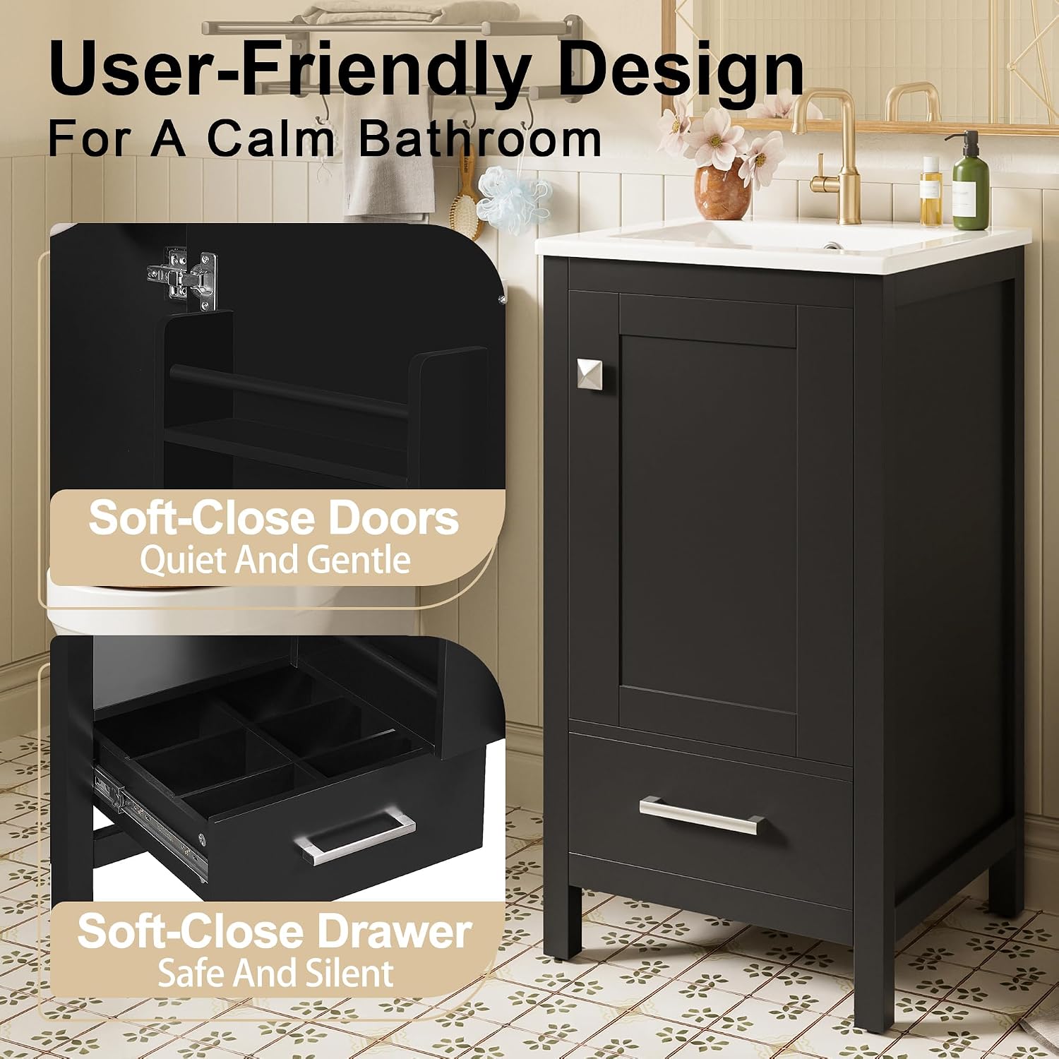VilroCaz Modern 18'' Bathroom Vanity with Top Sink, Freestanding Bathroom Storage Cabinet with Door and Divider Drawer, Single Sink Cabinet with Adjustable Plastic Foot Pads (Black+1 Drawer)