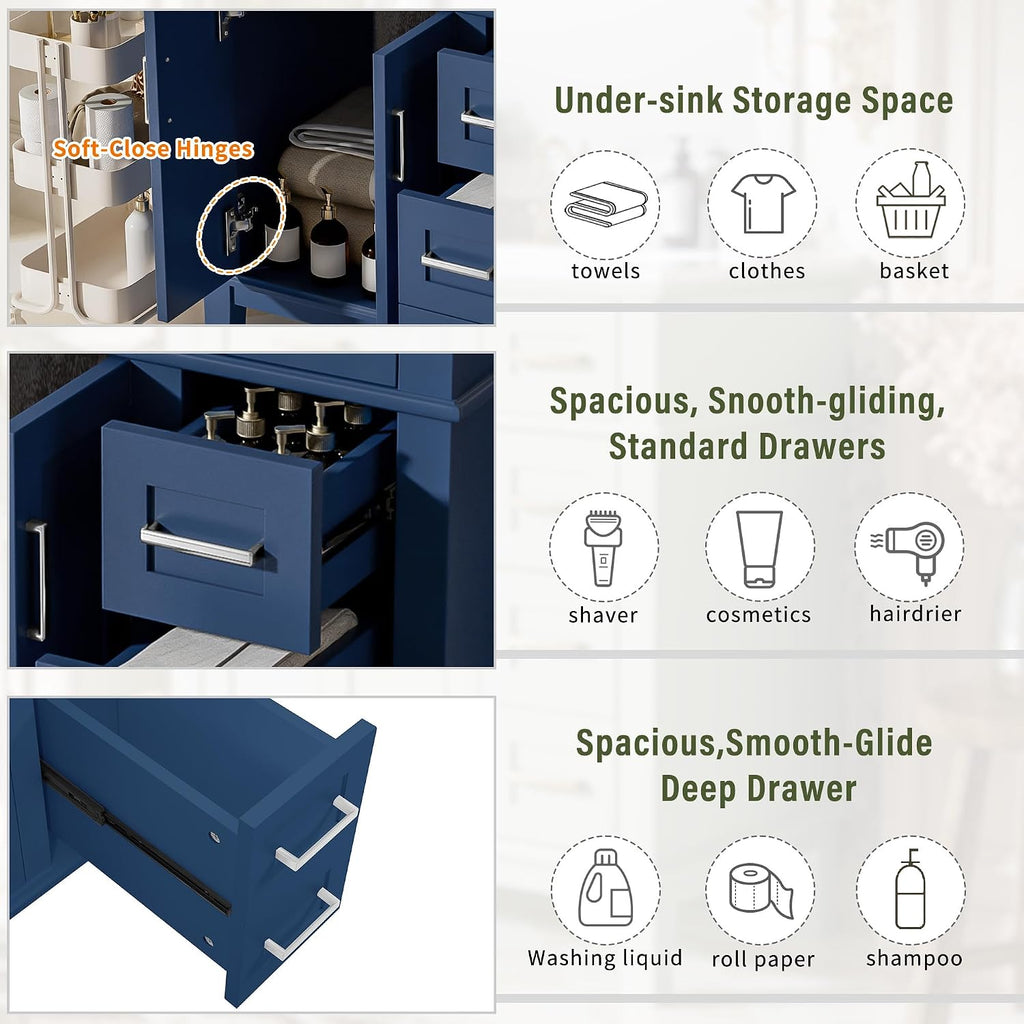 Harper & Bright Designs 30' Bathroom Vanity with Sink, Free Standing Single Basin Vanity Set with 2 Drawers, and Soft-Close Doors, Wood Bathroom Cabinet with Ceramic Basin for Bathroom, Blue