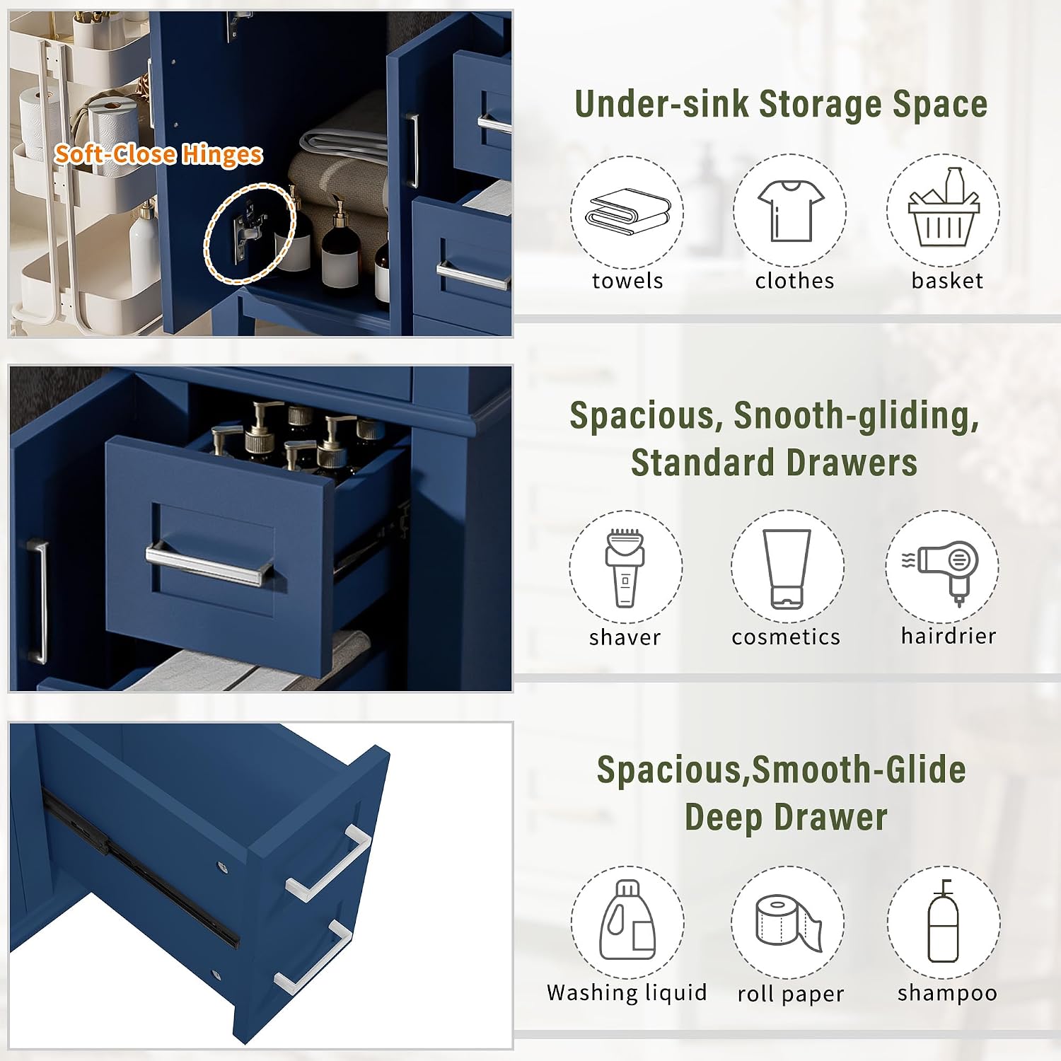 Harper & Bright Designs 30' Bathroom Vanity with Sink, Free Standing Single Basin Vanity Set with 2 Drawers, and Soft-Close Doors, Wood Bathroom Cabinet with Ceramic Basin for Bathroom, Blue