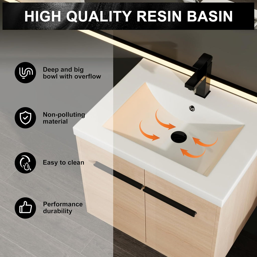 24 Inch Floating Bathroom Vanity with Sink, 24'' Wall Mount Vanity with Resin Countertop, Soft Close Doors, Double Door Storage Cabinet for Small Bathroom, Apartment, Powder Room