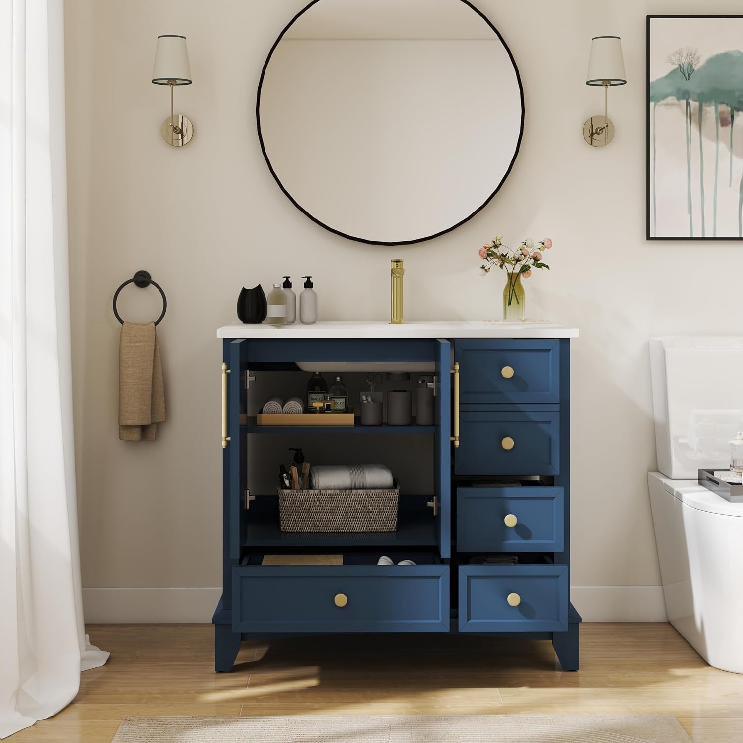 Henf Blue Bathroom Vanity with Sink 36inch Undermount Sink Bathroom Storage Cabinet w/4 Drawers, 2 Doors,Ceramic Integrated Sink,Solid Wood Legs and Metal Handles, Freestanding Bath Storage Cabinet