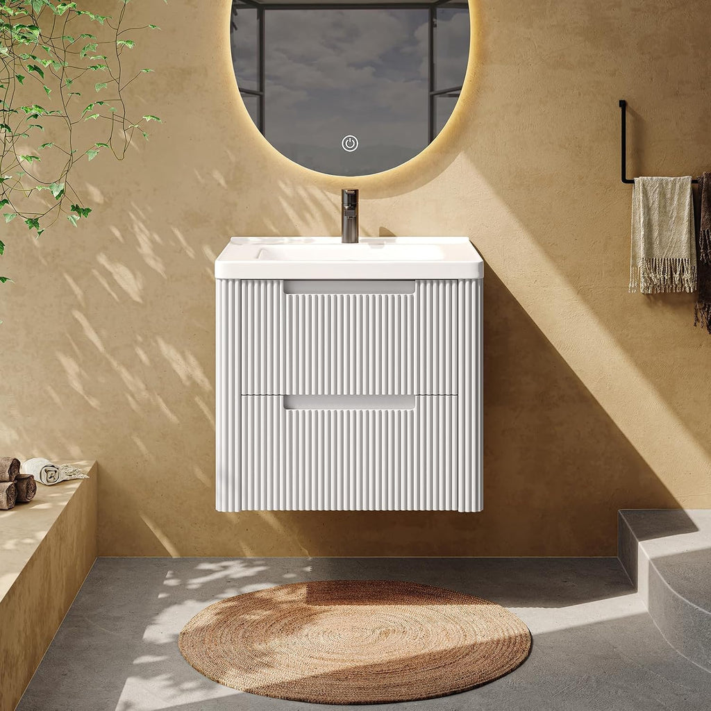 ONBRILL Modern Bathroom Vanity with Sink Combo, Curved Floating Bath Vanity with 2 Drawers, Wall Mount Bathroom Vanities with Integrated Ceramic Sink for Small Space, Apartment (White, 24')