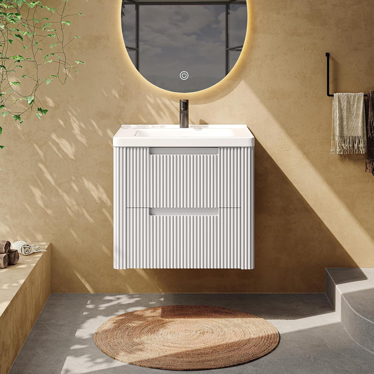 ONBRILL Modern Bathroom Vanity with Sink Combo, Curved Floating Bath Vanity with 2 Drawers, Wall Mount Bathroom Vanities with Integrated Ceramic Sink for Small Space, Apartment (White, 24')