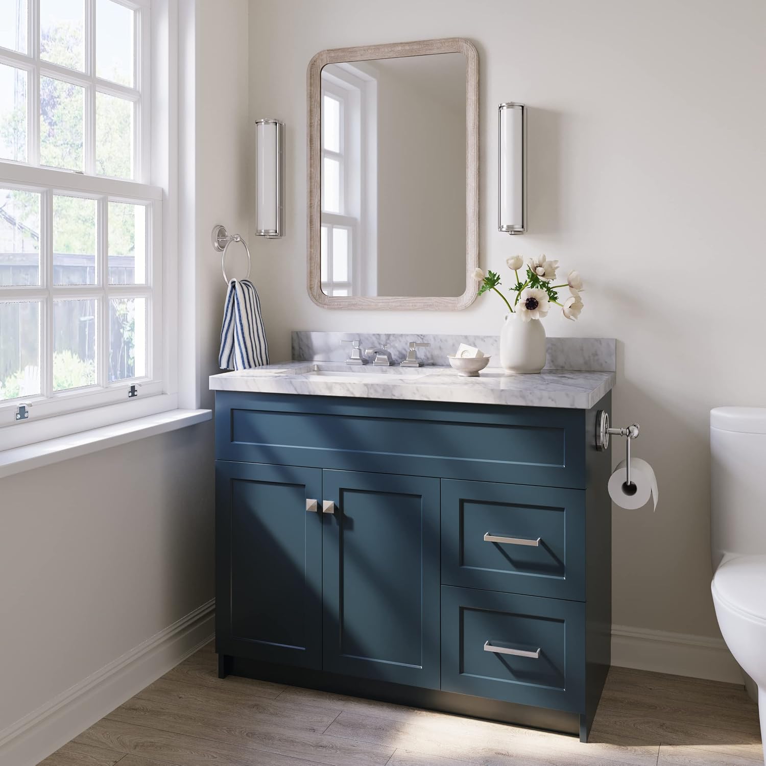 DKB Bradford 42' Midnight Blue Single Bathroom Vanity with Sink, 1.5' Italian Carrara Marble Countertop, Solid Wood, Rectangular Undermount Sink, Soft Closing Doors & Dovetail Drawers, Brushed Nickel