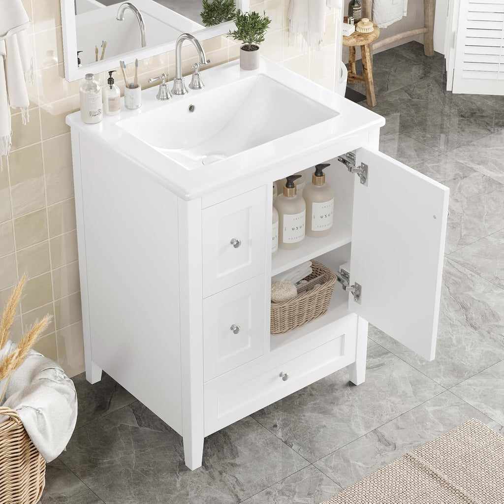 Harper & Bright Designs Glossy White Bathroom Vanity with Ceramic Sink,24 Inch Bathroom Sink Cabinet with 3 Storage Drawers,Adjustable Shelves and Door,Wooden Frame