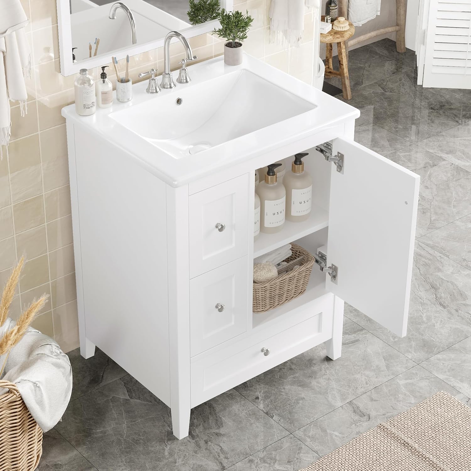 Harper & Bright Designs Glossy White Bathroom Vanity with Ceramic Sink,24 Inch Bathroom Sink Cabinet with 3 Storage Drawers,Adjustable Shelves and Door,Wooden Frame