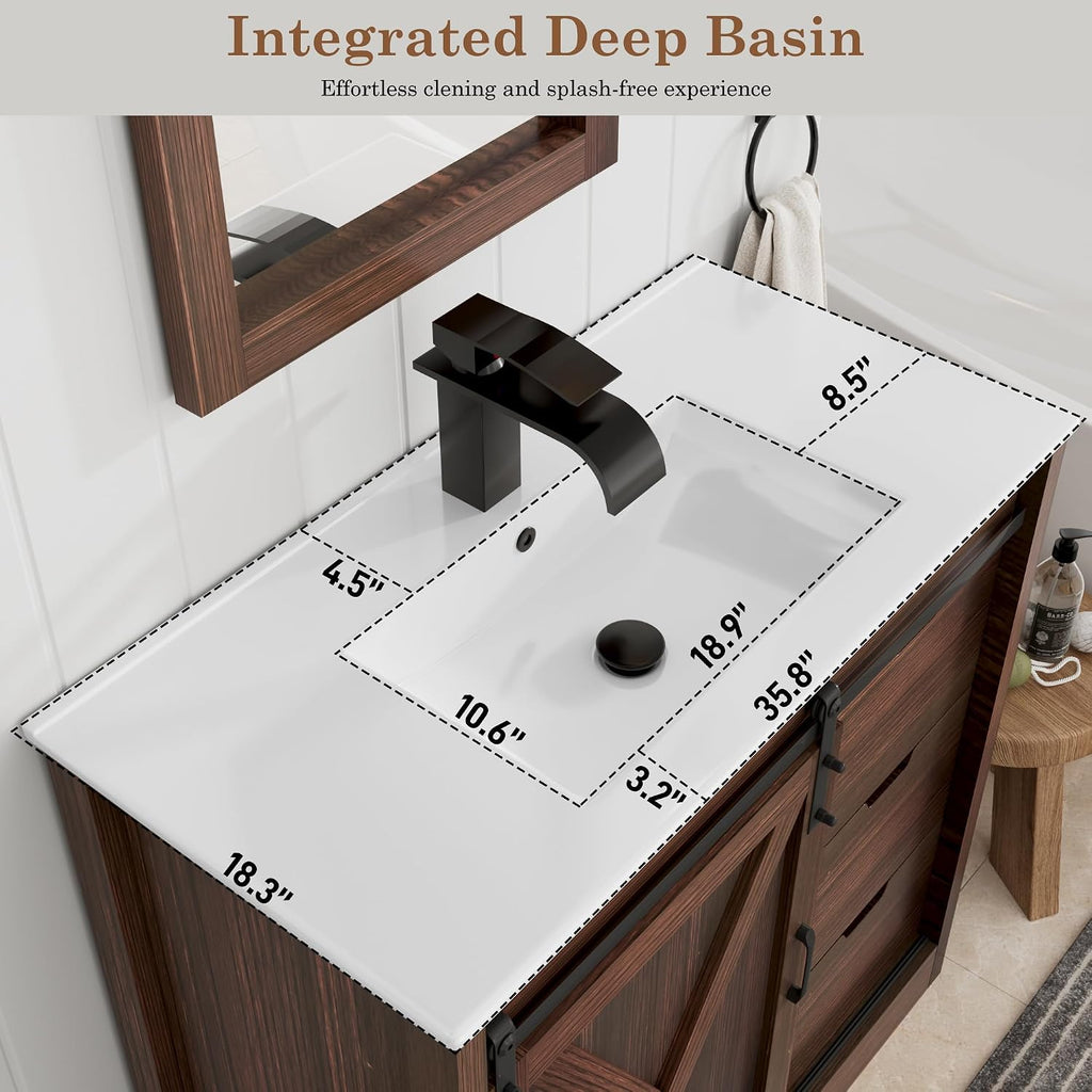 chartustriable 36 Inch Bathroom Vanity with Sink & Faucet & Mirror, Farmhouse Bathroom Vanity Cabinet Set with Sliding Barn Door & Drawers, Small Single Bath Storage Vanity Sink, Brown