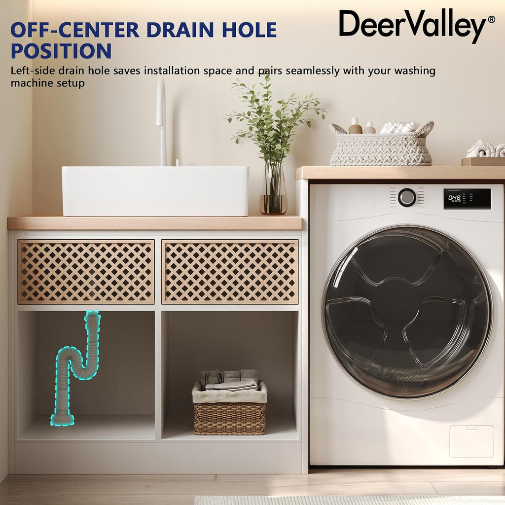 DeerValley 24x15 Inch Utility Vessel Sink, White Ceramic Rectangular Basin with Built-In Washboard and Side Drain, Laundry or Bathroom Sink, DV-1V0321