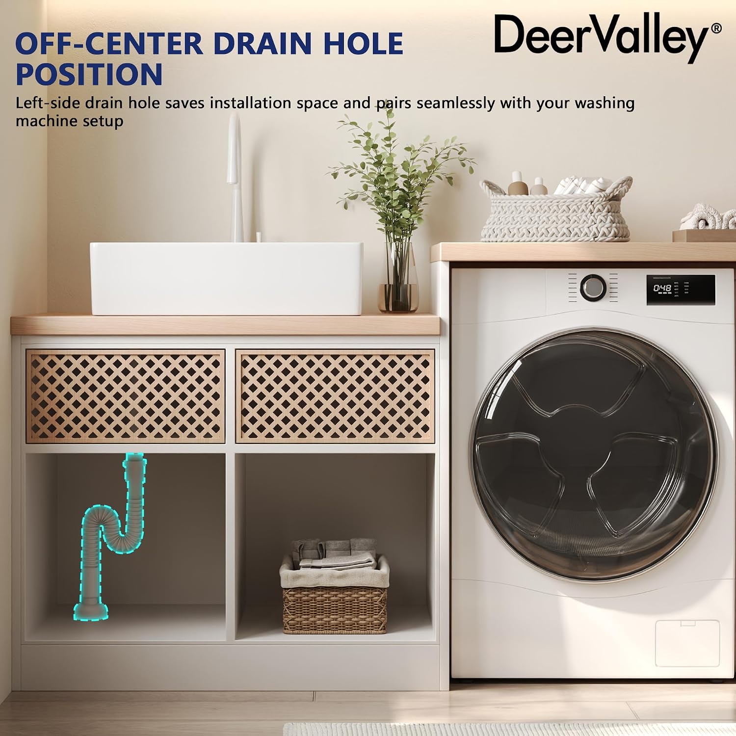 DeerValley 24x15 Inch Utility Vessel Sink, White Ceramic Rectangular Basin with Built-In Washboard and Side Drain, Laundry or Bathroom Sink, DV-1V0321