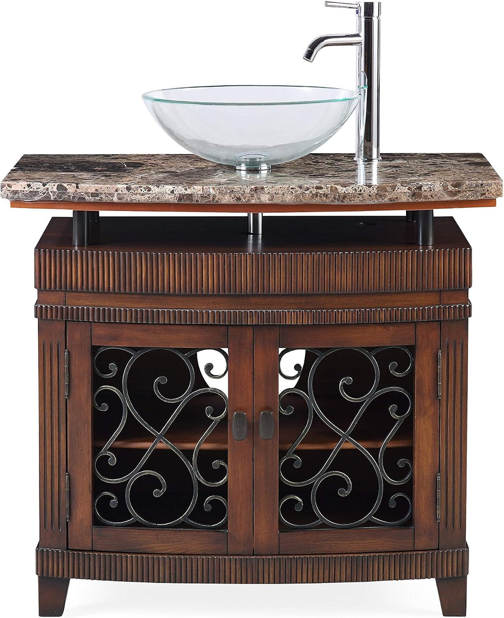 36 Inch Artturi Bathroom Vanity, Traditional Classic Style, Vessel Sink Design, Natural Stone Top with Clear Glass Bowl, Single Sink, 2 Cabinet Doors