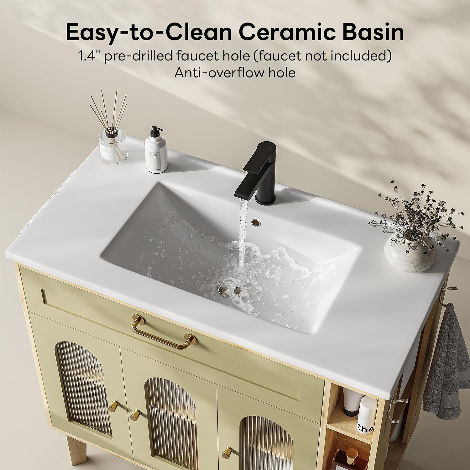 LIKIMIO 36 Inch Bathroom Vanity with Sink, Arched Glass Door Storage with Adjustable Shelf, Towel Bar & Toilet Paper Holder, Side Open Shelves, Solid Wood Legs, 36' Single Sink Vanity