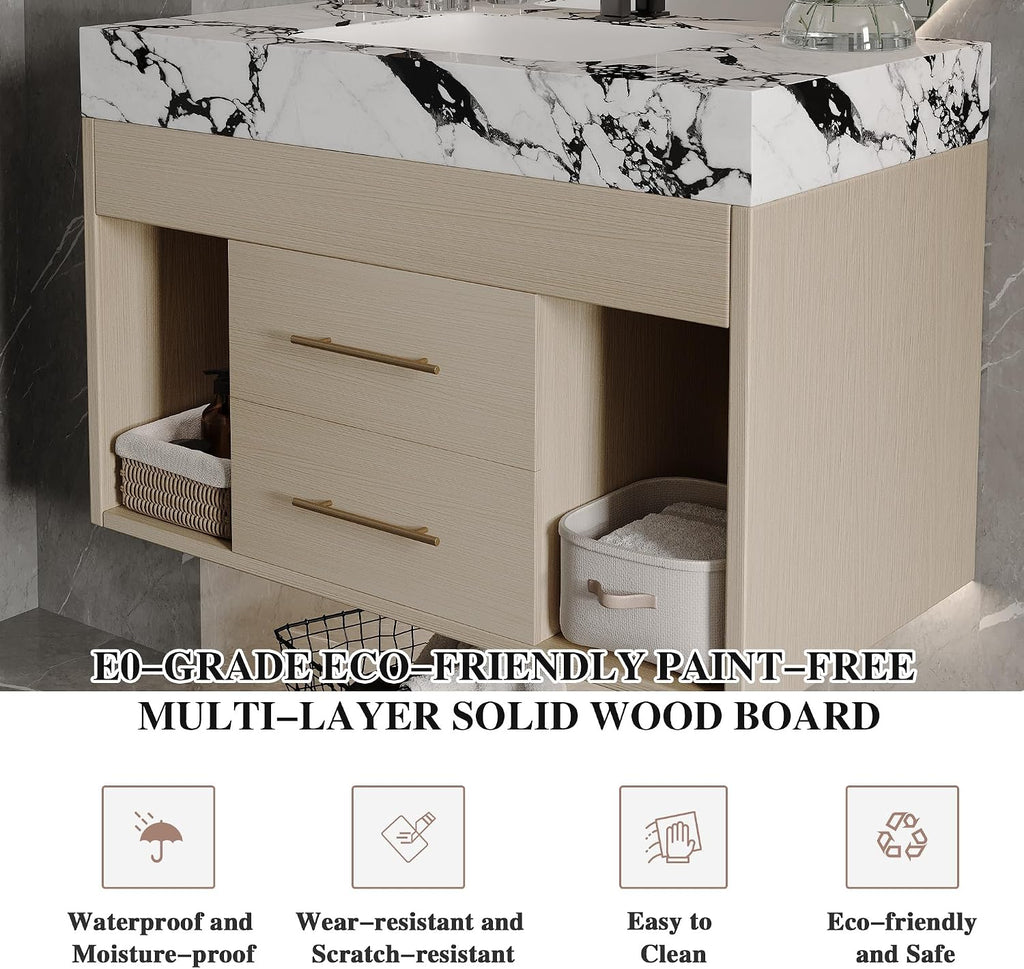 30' Bathroom Vanity with Sink Set, Modern Oak Wall Mounted Bathroom Vanity Cabinet with Sintered Stone Top&Gold Handle 2 Drawers&2 Open Storage, Single Sink Floating Bathroom Vanity