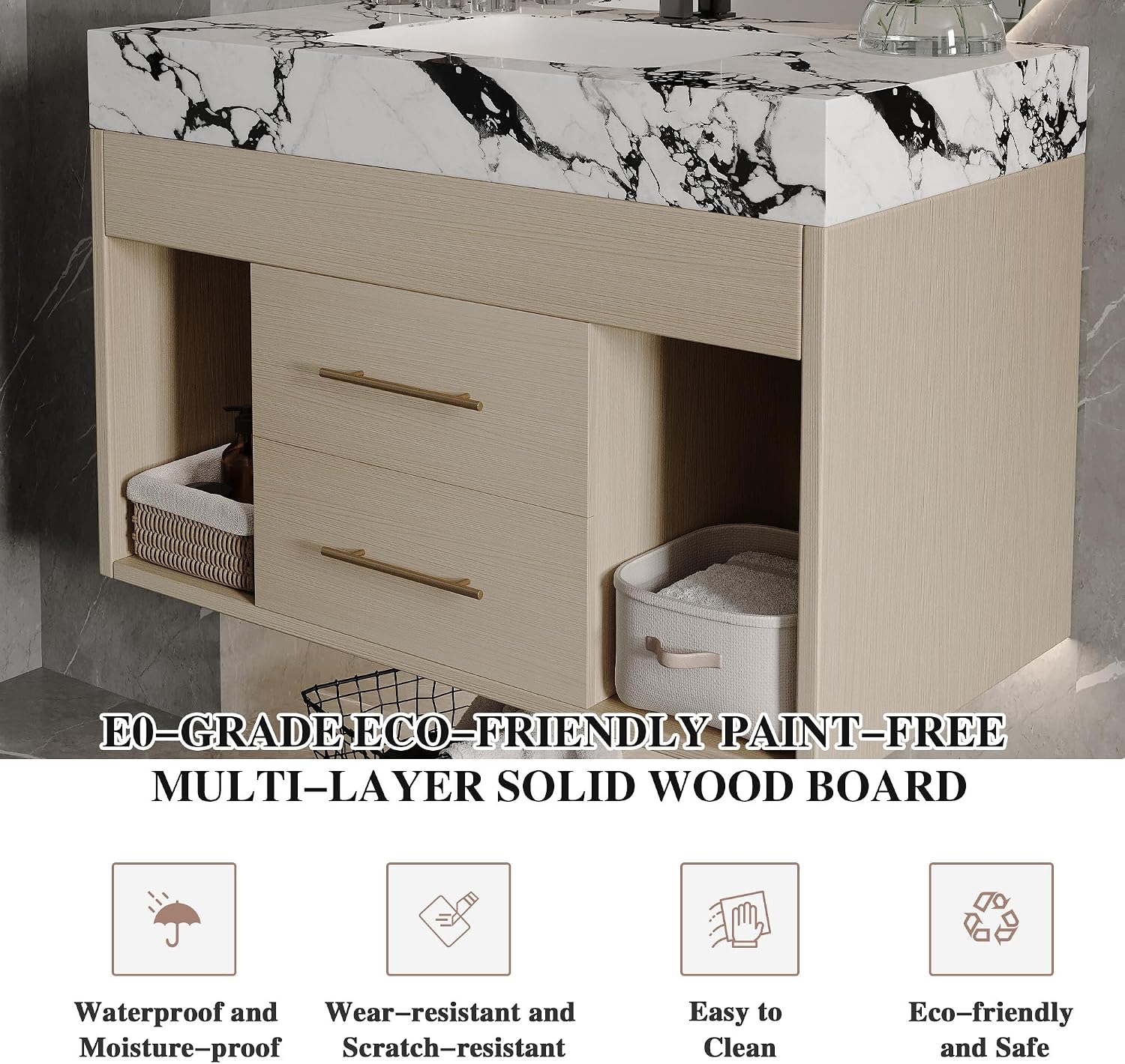 30' Bathroom Vanity with Sink Set, Modern Oak Wall Mounted Bathroom Vanity Cabinet with Sintered Stone Top&Gold Handle 2 Drawers&2 Open Storage, Single Sink Floating Bathroom Vanity