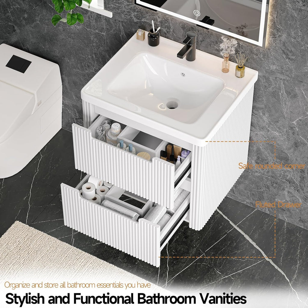 ONBRILL Modern Bathroom Vanity with Sink Combo, Curved Floating Bath Vanity with 2 Drawers, Wall Mount Bathroom Vanities with Integrated Ceramic Sink for Small Space, Apartment (White, 24')