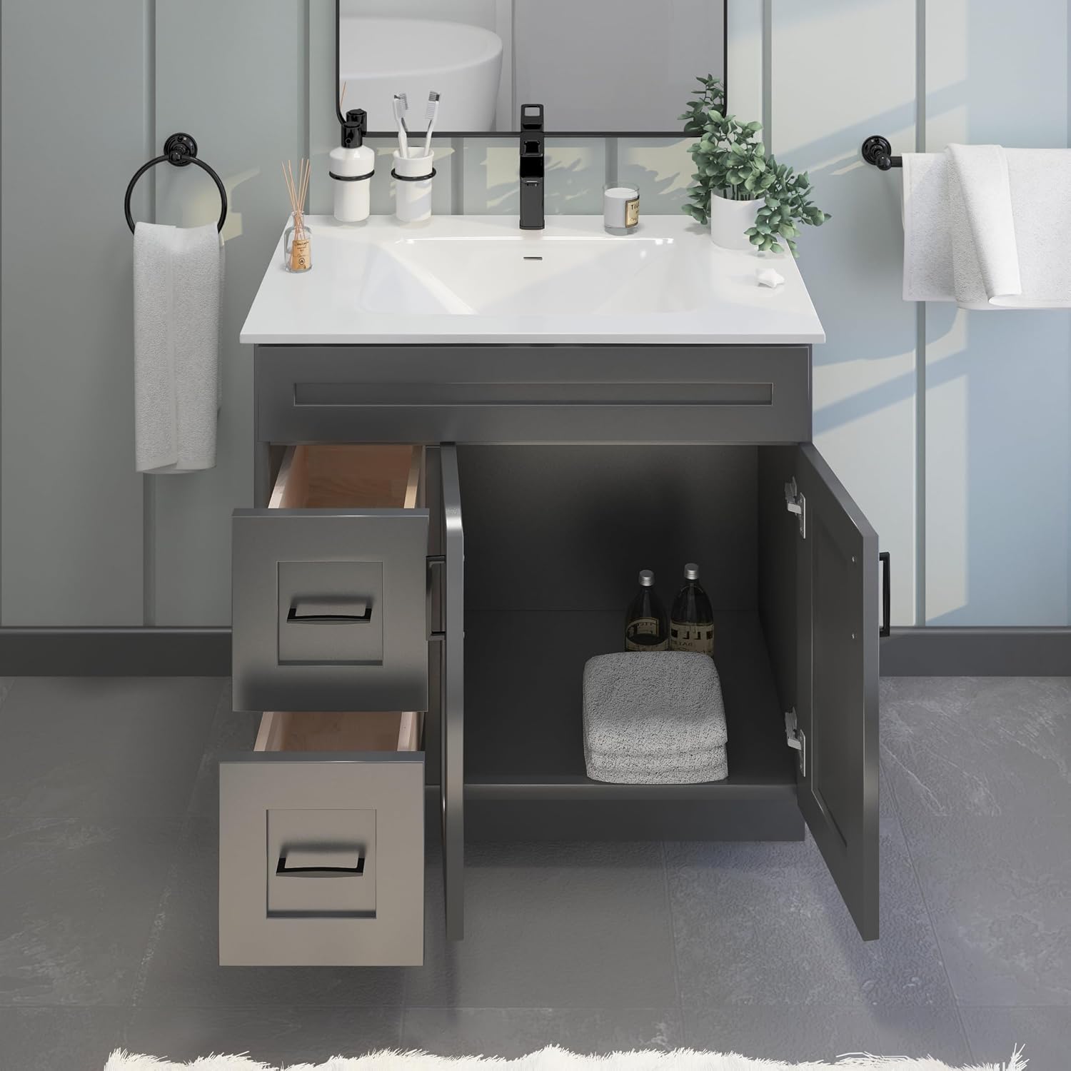 30' Shaker Bathroom Vanity Sink Base with Drawers (Ready-to-Assemble) (Grey Shaker Vanity Base)