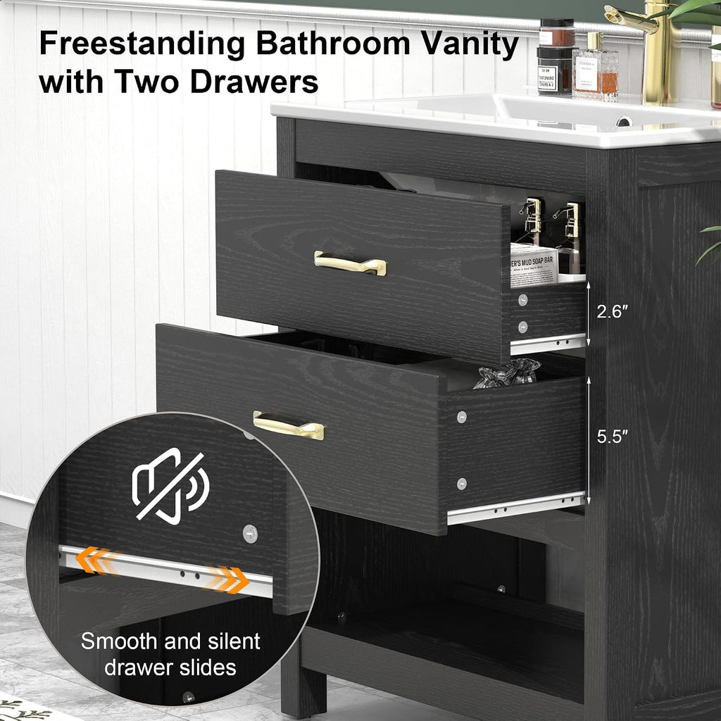 Bathroom Vanity with Sink 24 Inch, Modern Bathroom Cabinet Set with LED Light for Small Space, 2 Soft-Close Drawers with Organizer, Deep and Sloped Single Sink, Easy Assembly, Black