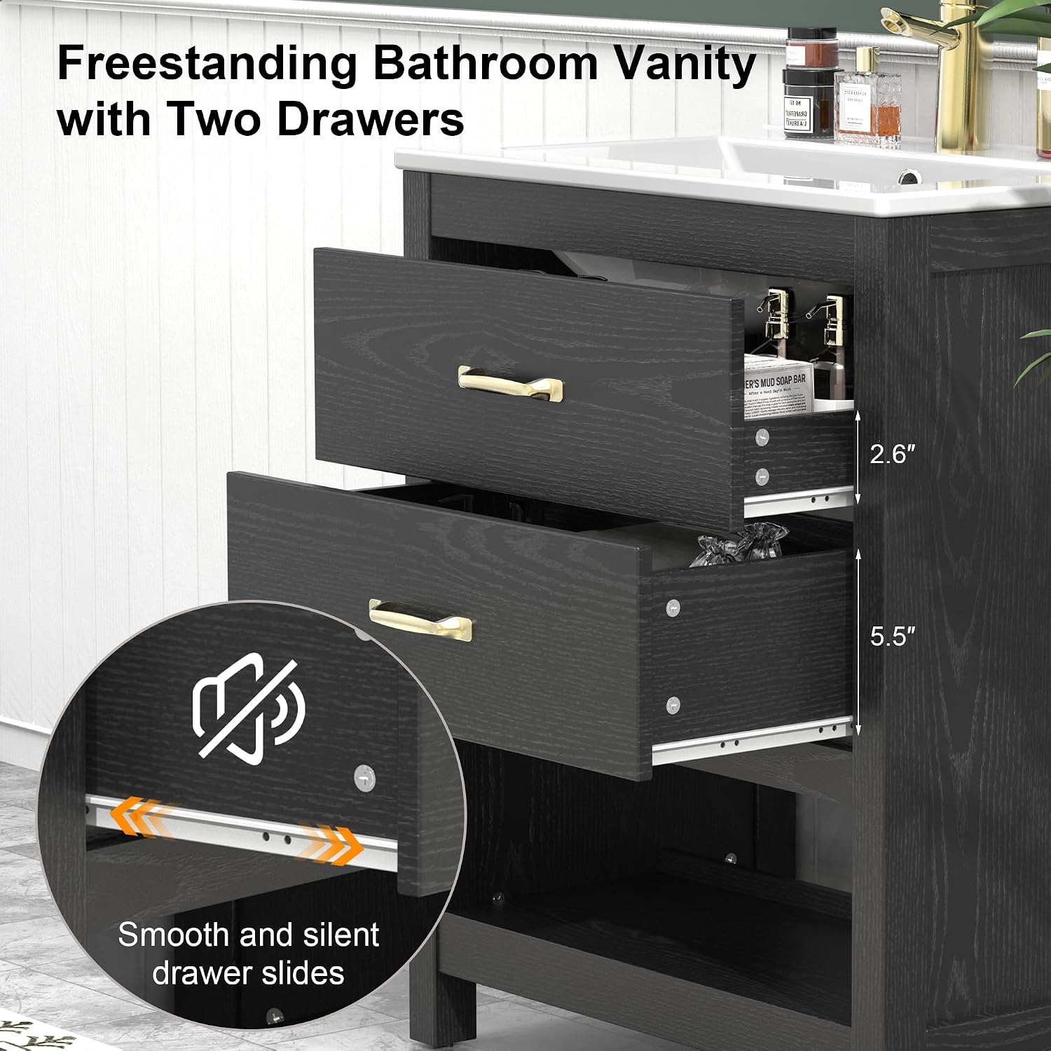 Bathroom Vanity with Sink 24 Inch, Modern Bathroom Cabinet Set with LED Light for Small Space, 2 Soft-Close Drawers with Organizer, Deep and Sloped Single Sink, Easy Assembly, Black