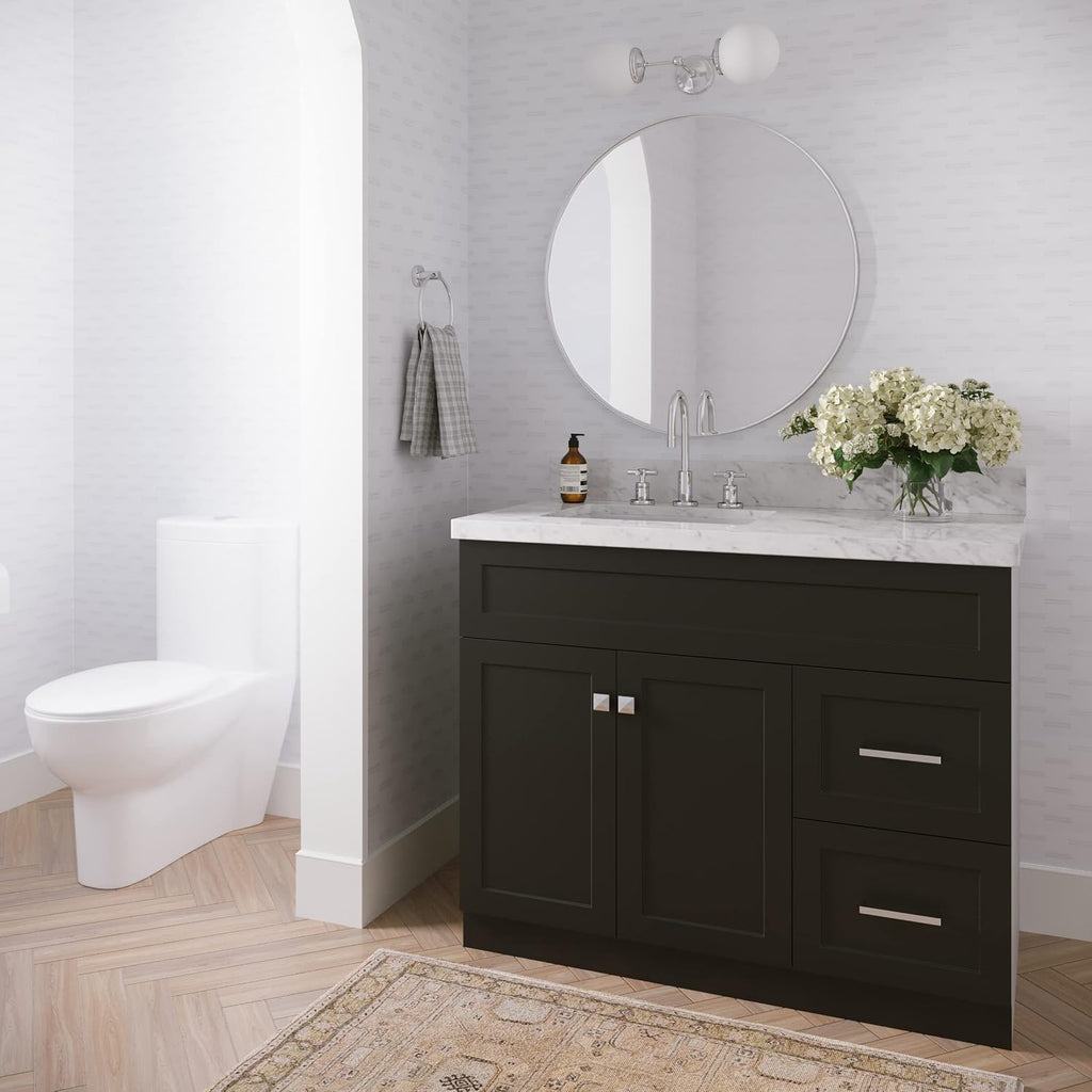 ARIEL 42' Gray Single Bathroom Vanity with Rectangular Sink, 1.5' Italian Carrara Marble Top, Solid Wood, 2 Soft Closing Doors, 2 Full Extension Dovetail Drawers, Brushed Nickel