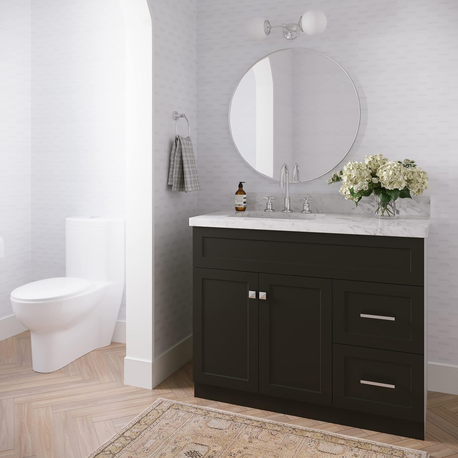 ARIEL 42' Gray Single Bathroom Vanity with Rectangular Sink, 1.5' Italian Carrara Marble Top, Solid Wood, 2 Soft Closing Doors, 2 Full Extension Dovetail Drawers, Brushed Nickel