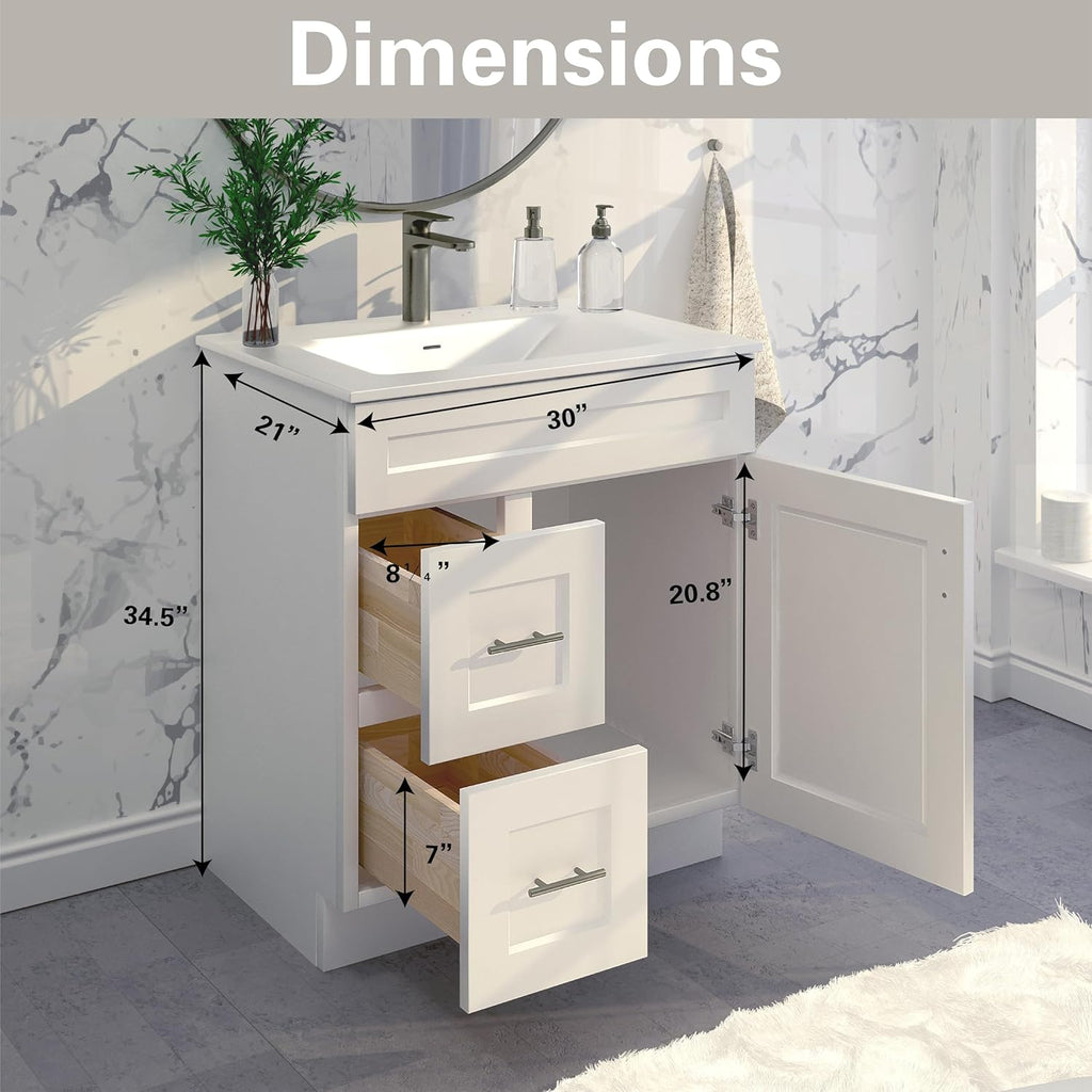 White Shaker Sink Base Bathroom Vanity with Drawers 30' Ready-to-Assemble Cabinet