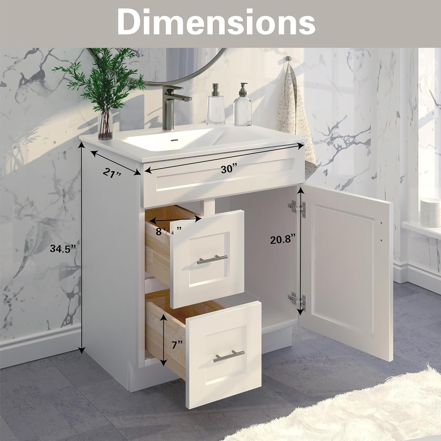 White Shaker Sink Base Bathroom Vanity with Drawers 30' Ready-to-Assemble Cabinet