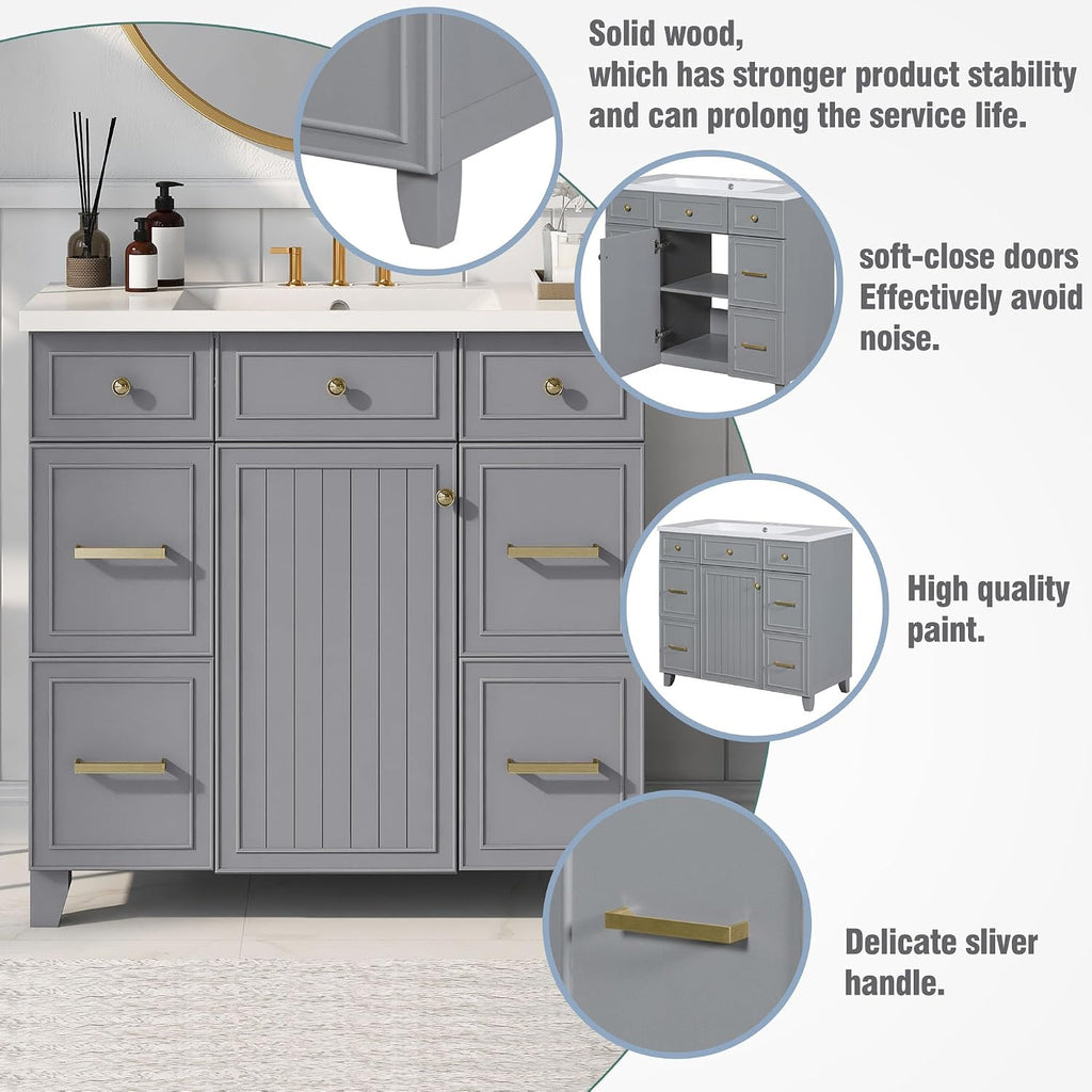 LUMISOL 36' Bathroom Vanity with Sink Top, Modern Bathroom Storage Cabinet with 3 Drawers & 2 Doors, Grey Bathroom Vanity with Undermount Sink, Solid Wood Frame