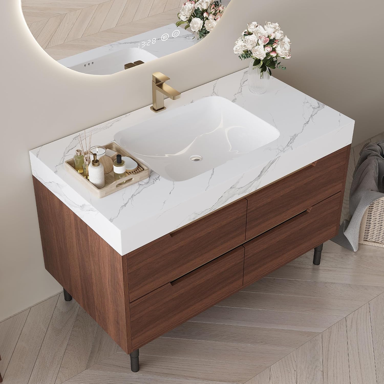 36' Bathroom Vanity with Undermount Sink Set, Modern 2-IN-1 Wall Mounted & Freestanding Bathroom Vanities Cabinet with Sintered Stone top&4 Storage Drawers, Walnut Single Bathroom Sink Cabinet