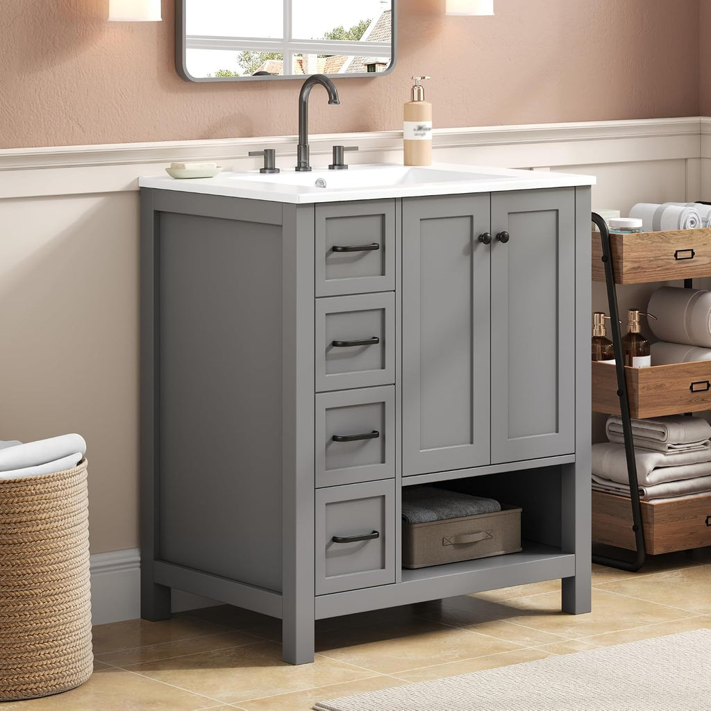 LUMISOL 30 Inch Bathroom Vanity with Ceramic Sink, Freestanding Bathroom Vanity with 2 Drawers, Soft-Close Doors & Open Shelf, Solid Wood Bathroom Cabinet with Offset Sink, Gray