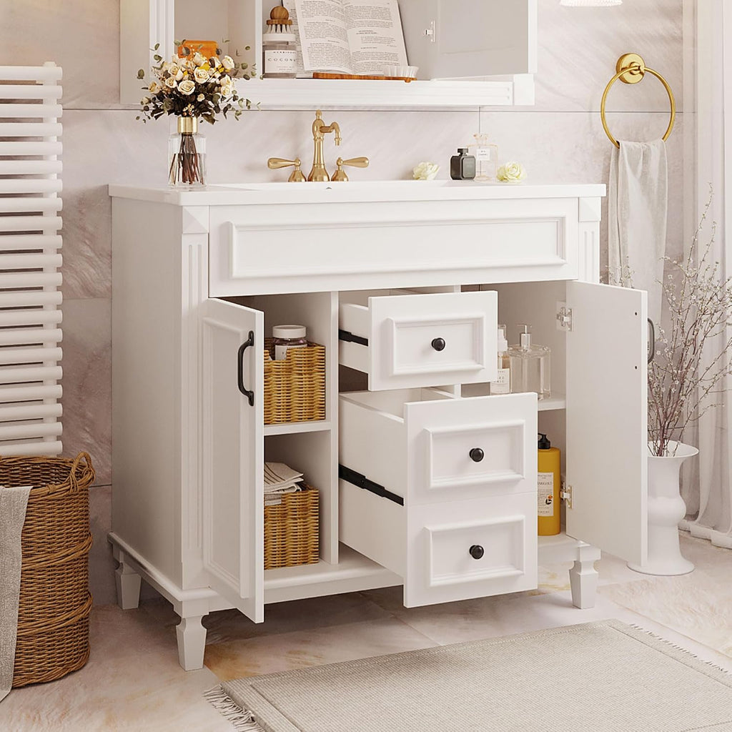 Merax 36' Bathroom Vanities with Single Sink, Modern Undermount Bathroom Sink Cabinet with 3 Closing Doors & 2 Full Extension Dovetail Drawers