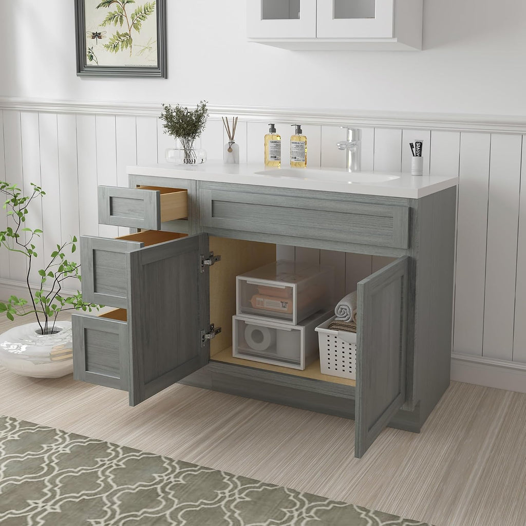Vanity Art 42' Unassembled Bathroom Vanity with 2-Door 3-Drawer, Wood Bathroom Vanity Cabinet with Soft Closing Shaker Drawer, Sturdy Floor Mounted Cabinet Without Top VA4042-3S-G
