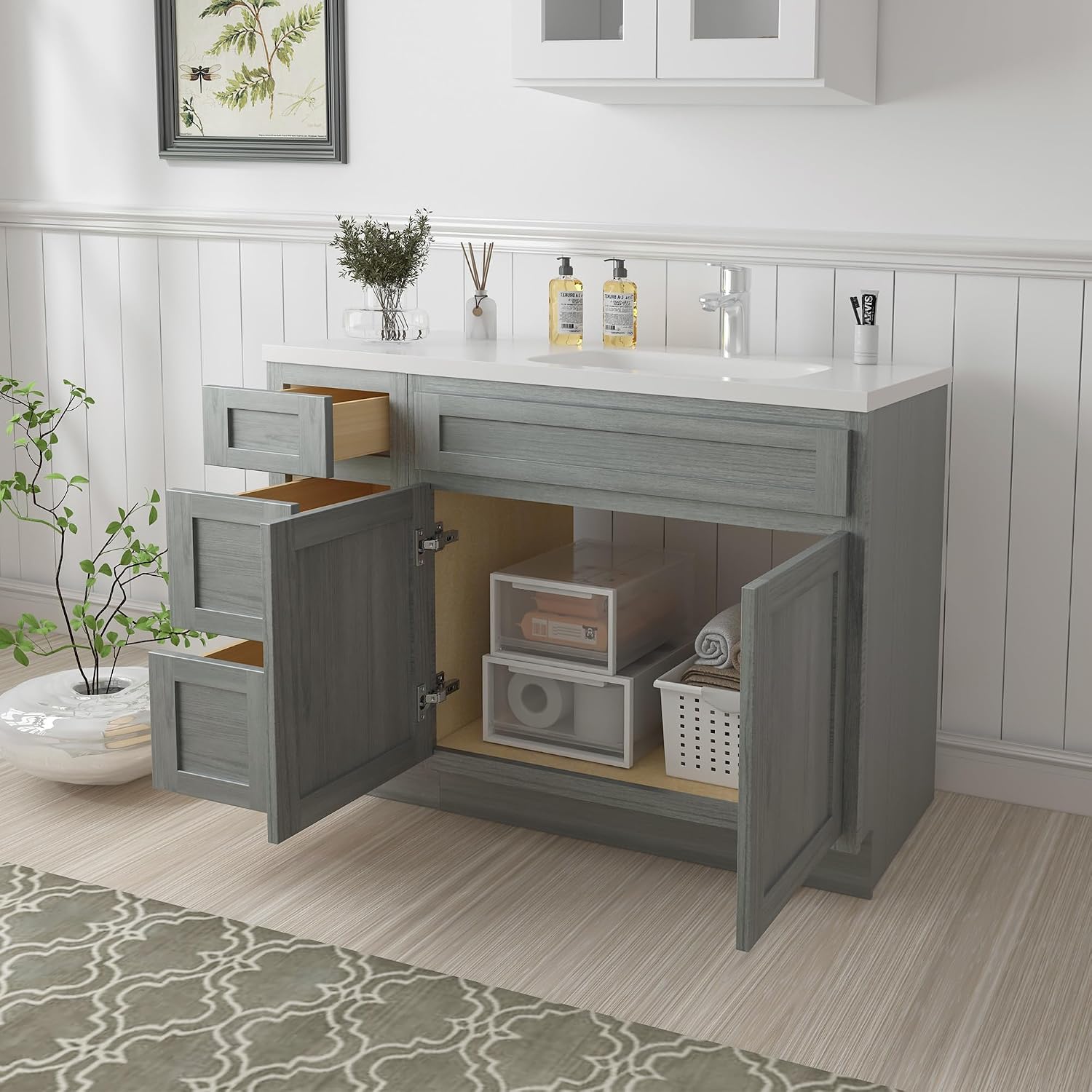 Vanity Art 42' Unassembled Bathroom Vanity with 2-Door 3-Drawer, Wood Bathroom Vanity Cabinet with Soft Closing Shaker Drawer, Sturdy Floor Mounted Cabinet Without Top VA4042-3S-G