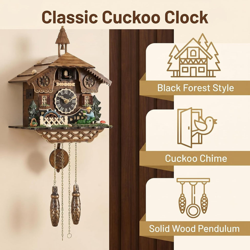 Vintage Wooden Cuckoo Clock, Traditional Wall Clock with Bird Call & Pendulum, Battery Operated Retro Decor Clock for Living Room Bedroom Home Art Decoration Gift