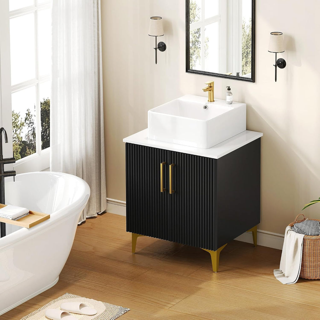 YITAHOME 24 Inch Bathroom Vanity with Vacuum Forming, Freestanding Storage Cabinet Vanity with Engineered White Stone Countertop, 2 Large Soft Closing Doors with Shelf, Gold Handles & Legs, Black