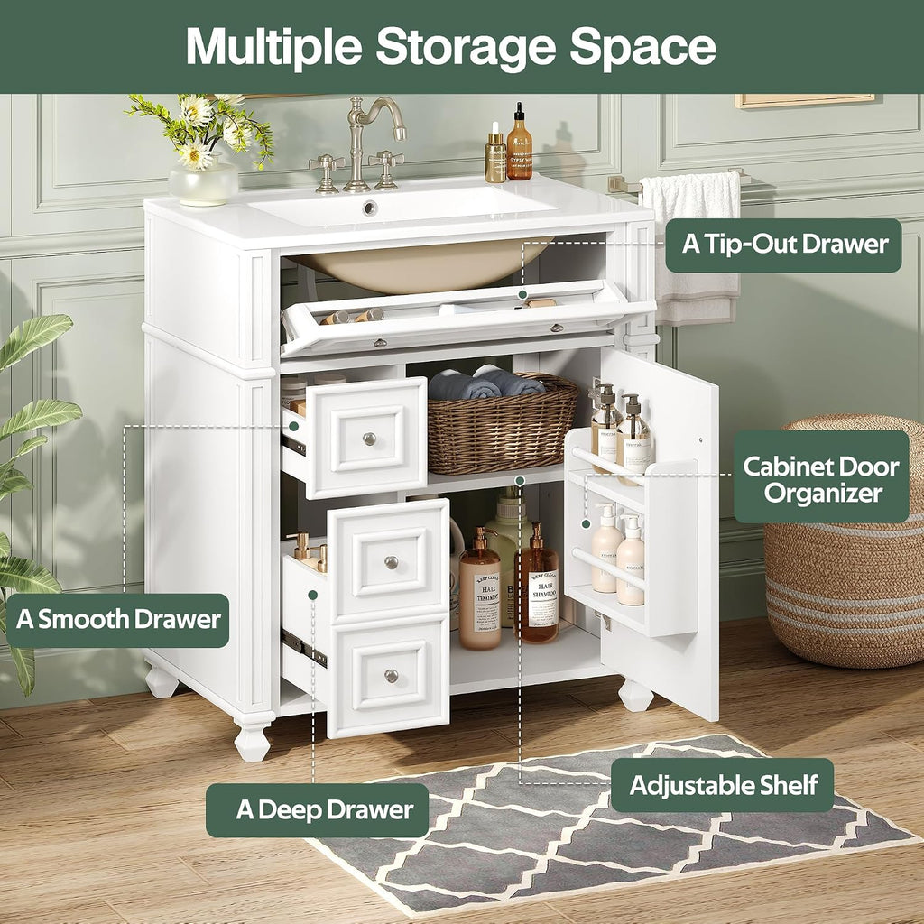 Merax 30' Bathroom Vanity with Sink, Modern Solid Wood Frame Bathroom Vanity Storage Cabinet with Adjustable Shelf, Ceramic Sink Top, Soft Closing Doors, 3 Drawers and Tip Out Drawer, White