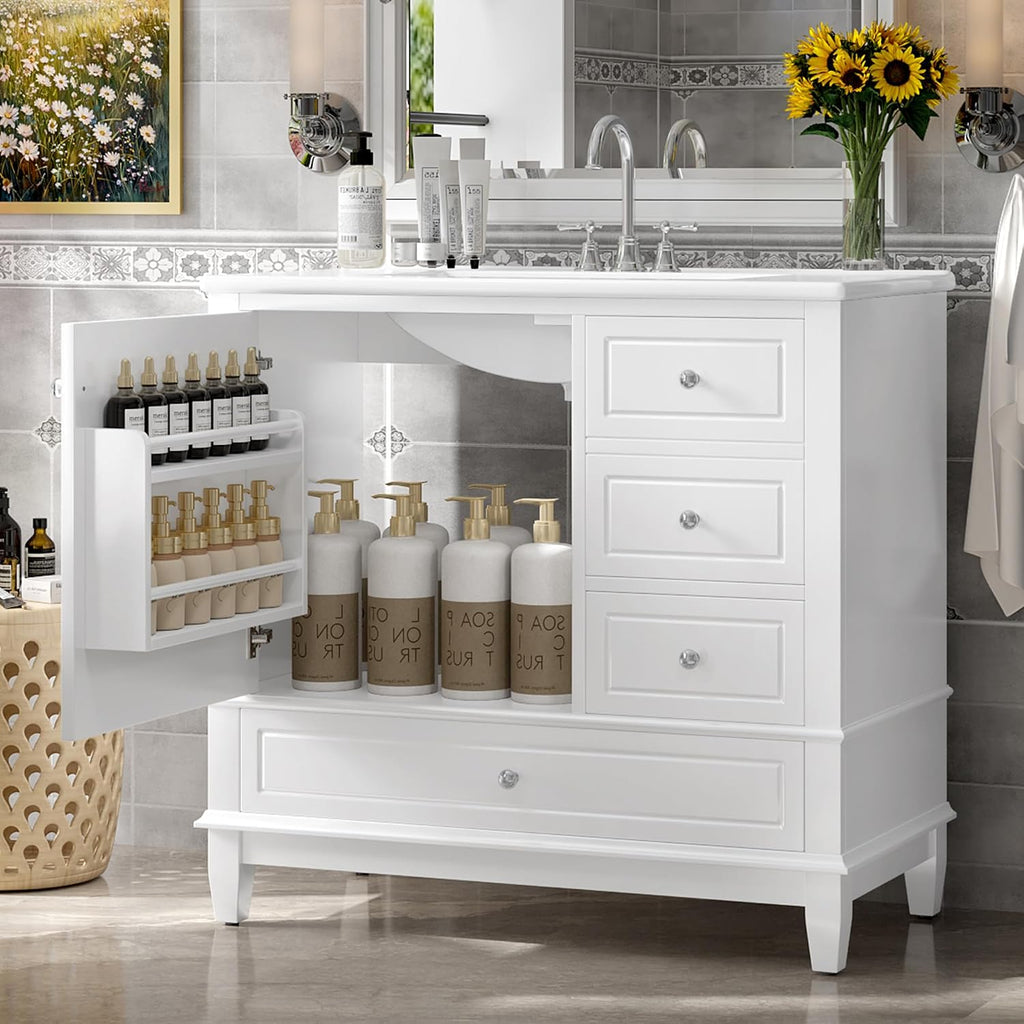 Mirightone 36' Vanity with Sink, Bathroom Vanities 36 Inch with Sink, Single Sink Bathroom Vanity with Door Shelf and Three Drawers, Restroom Vanity with Sink Top (White)