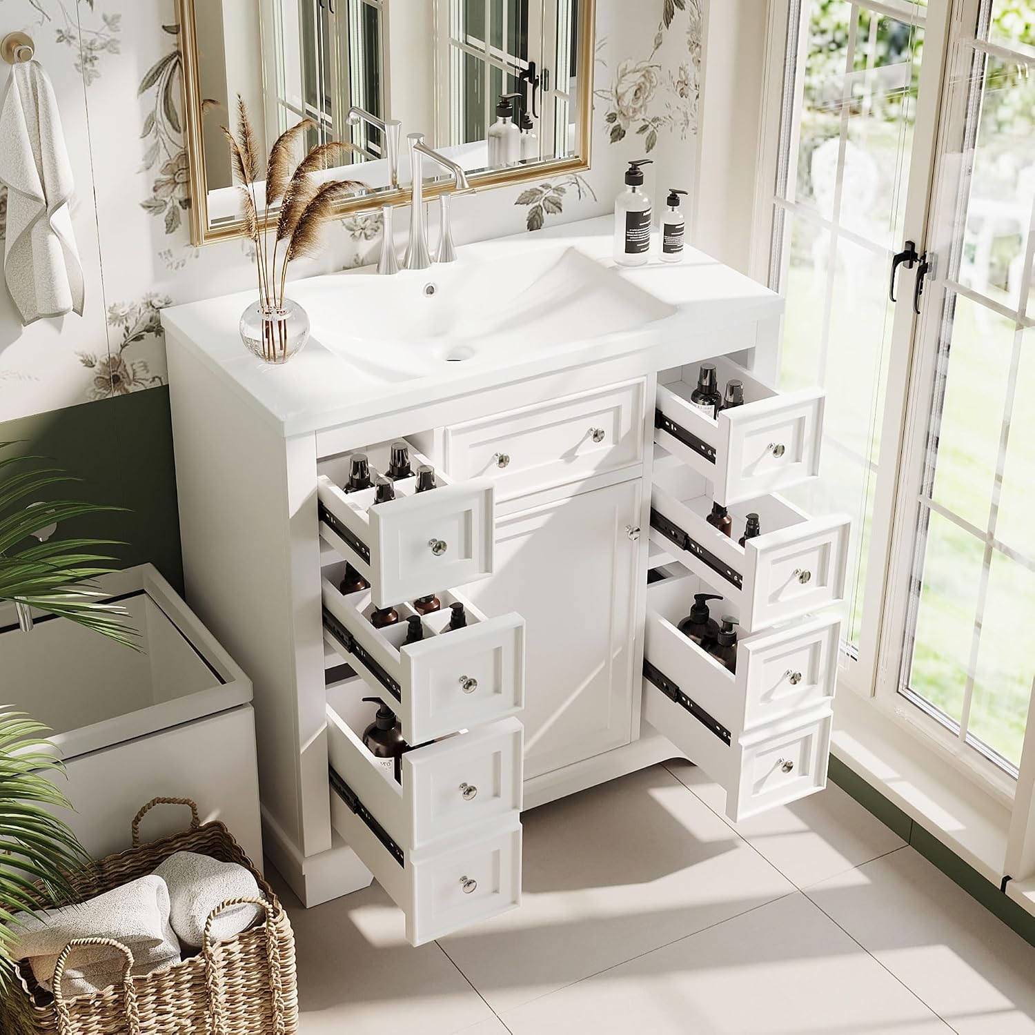 Bellemave 36' Bathroom Vanity with Basin Sink, Single Vanity Set, Vanity and Basin Sink Combo with One Cabinet and Six Drawers for Bathroom, No Mirror (White)