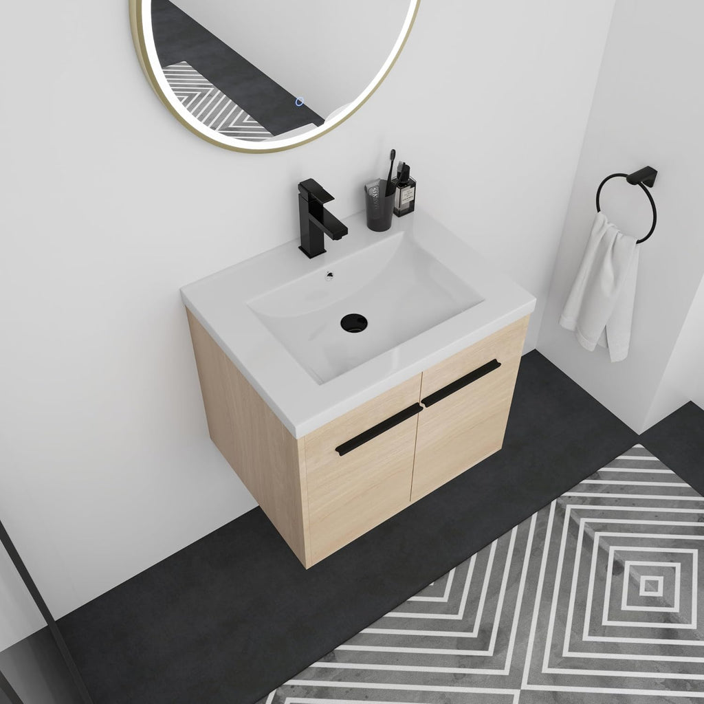 Floating Vanity Bathroom, 24 Inch Bathroom Vanity with Sink, Wall Mounted Single Sink Bathroom Vanity, Soft Closed Doors, Integrated Sink, Engineered Wood (Oak)