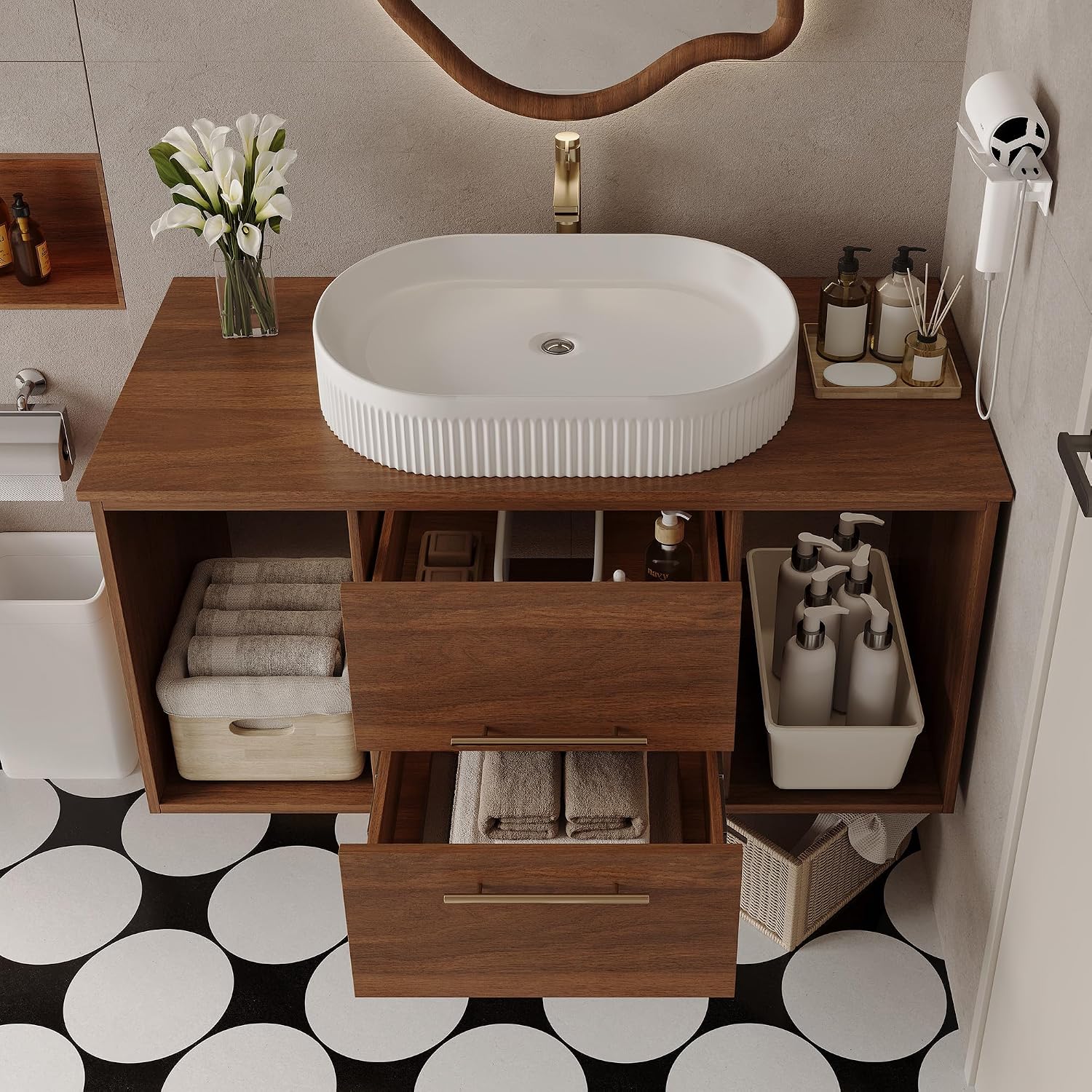 40 Inch Modern Bathroom Vanity Floating Bathroom Vanities with Above Oval Sink 40' Wall Mounted Bathroom Sink Cabinet with 2 Drawers & 2 Open Shelves & Gold Metal Handle, Walnut
