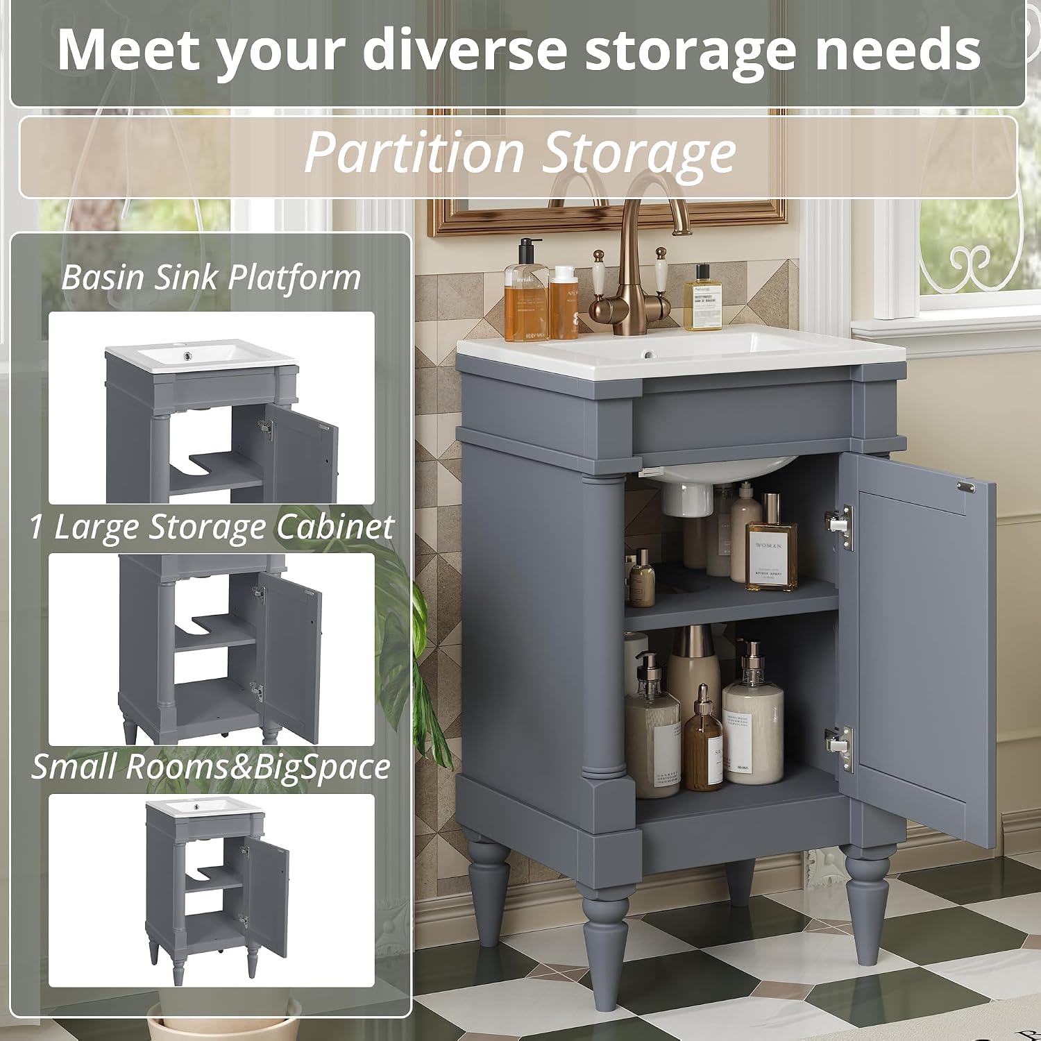 VilroCaz Modern 18'' Bathroom Vanity with Top Sink, Freestanding Bathroom Storage Cabinet with Door and Adjustable Shelf, Single Sink Cabinet with Nordic Style Legs (Gray-Retro)