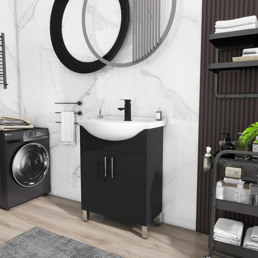 LUCKWIND 24 Inch Black Laundry Sink Cabinet Set with Ceramic Belly Bowl Sink and Faucet - Bathroom Vanity Combo, Ceramic Utility Sink for Laundry, Utility Room, Bathroom, Kitchen