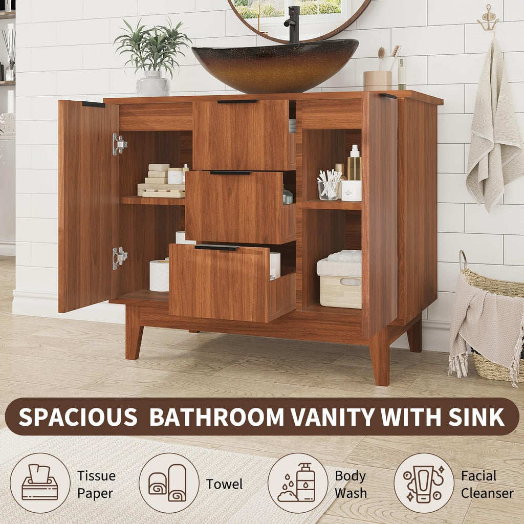 EROMMY 36 Inch Bathroom Vanity with Sink Combo, Bathroom Vanity with 3 Soft-Close Drawers, 2 Doors & Boat Glass Sink, Rustic Bathroom Cabinet Includes Adjustable Shelf, Water Tap & Sink Accessories