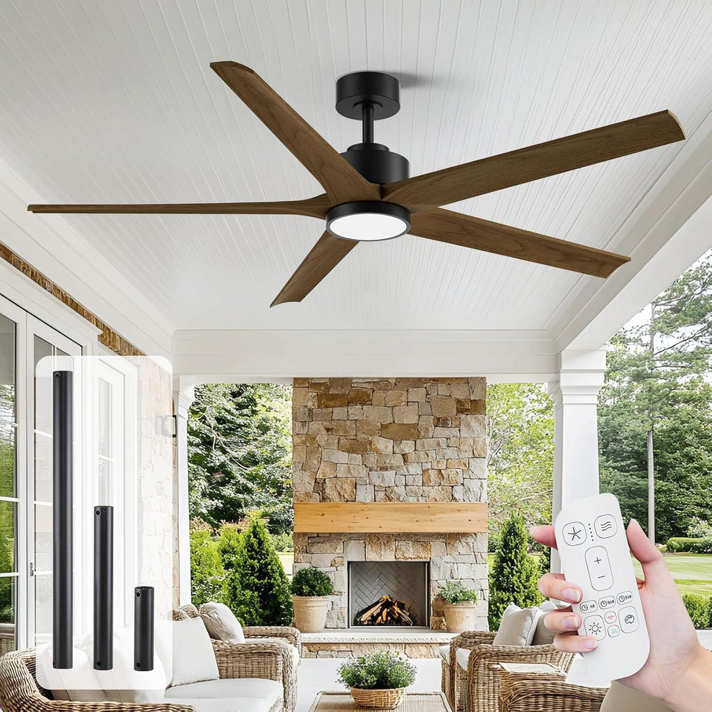 72 Inch Ceiling Fan with Lights, Outdoor Wood Silent Ceiling Fans, Modern Large Airflow High CFM Farmhouse Fan, Quiet Reversible DC Motor 5 Blades for Bedroom Living Room Exterior Patios